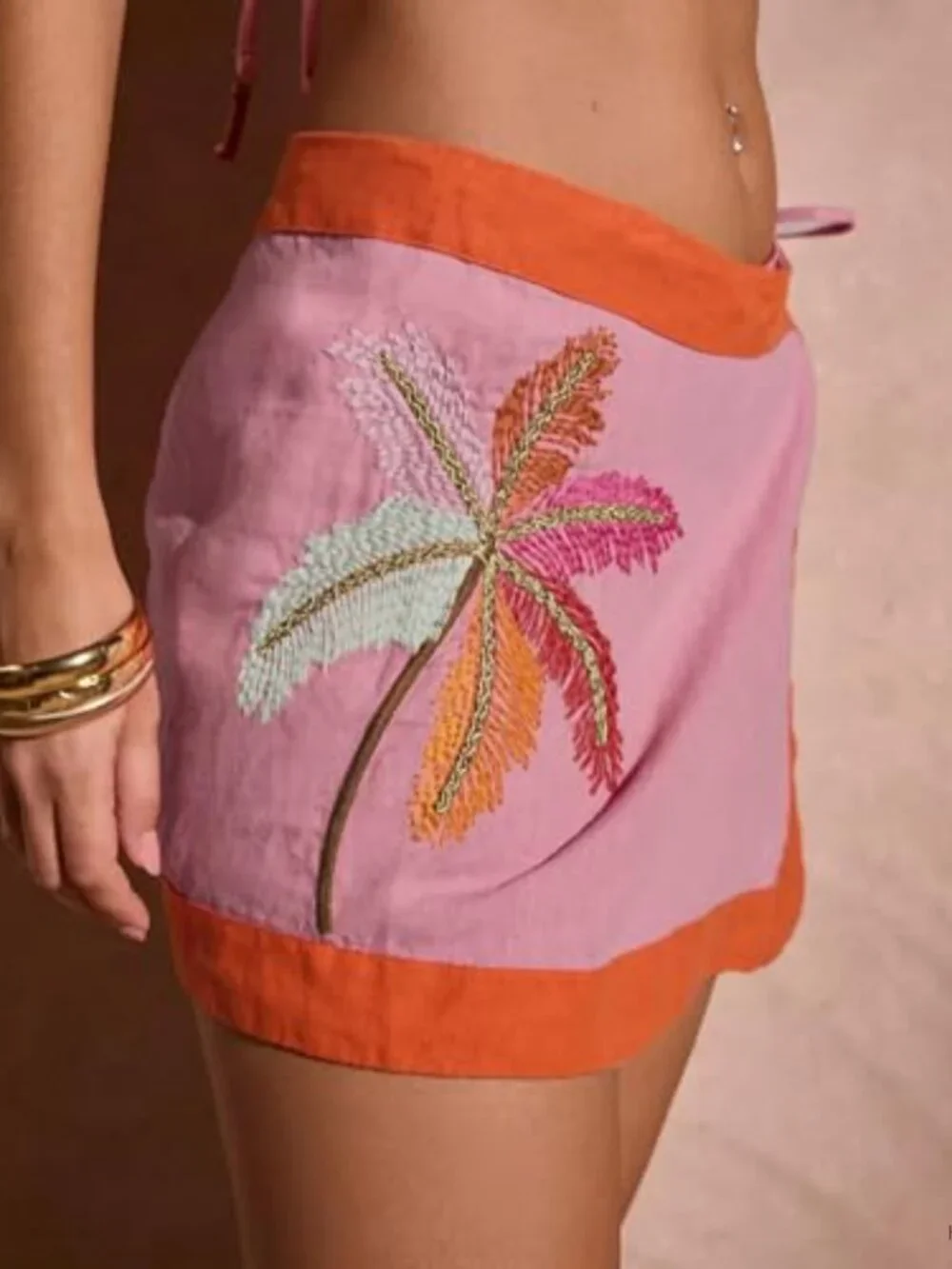Embroidered Wrap Mini Skirt Cotton Linen A-Line High Waist Boho Beach Summer